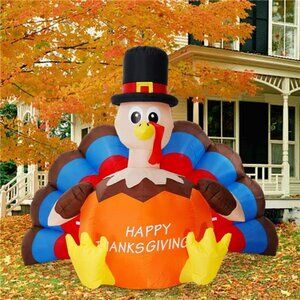 6.5FT Thanksgiving Inflatable Turkey with Pilgrim Tail, Turkey Decorations